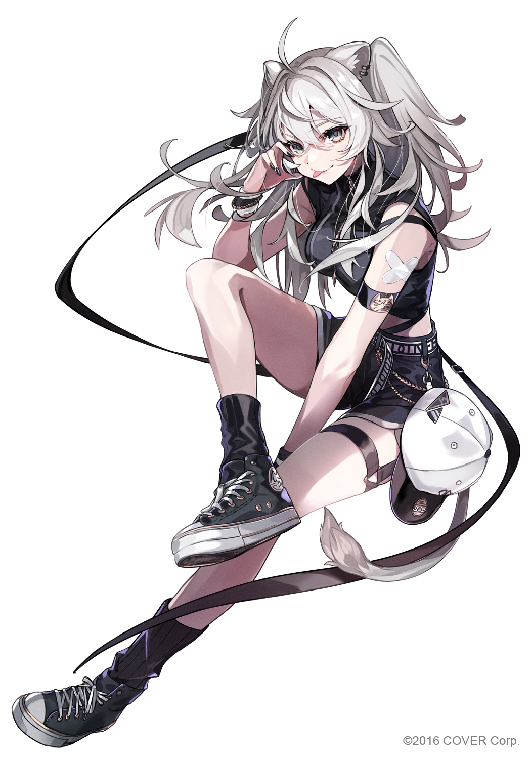 1girl :p ahoge alternate_costume animal_ears arm_strap bandaid bandaid_on_arm baseball_cap belt black_eyes black_footwear black_nails black_shirt black_shorts black_socks breasts closed_mouth commentary crop_top cross-laced_footwear ear_piercing full_body grey_hair hair_between_eyes hand_on_own_face hat hat_removed headwear_removed highres hololive invisible_chair lion_ears lion_girl lion_tail long_hair looking_at_viewer medium_breasts nail_polish official_art piercing pokimari shirt shishiro_botan shoes short_shorts shorts simple_background sitting sleeveless sleeveless_shirt smile sneakers socks solo tail thigh_strap tongue tongue_out two_side_up virtual_youtuber watermark white_background white_belt white_headwear wristband zipper zipper_pull_tab