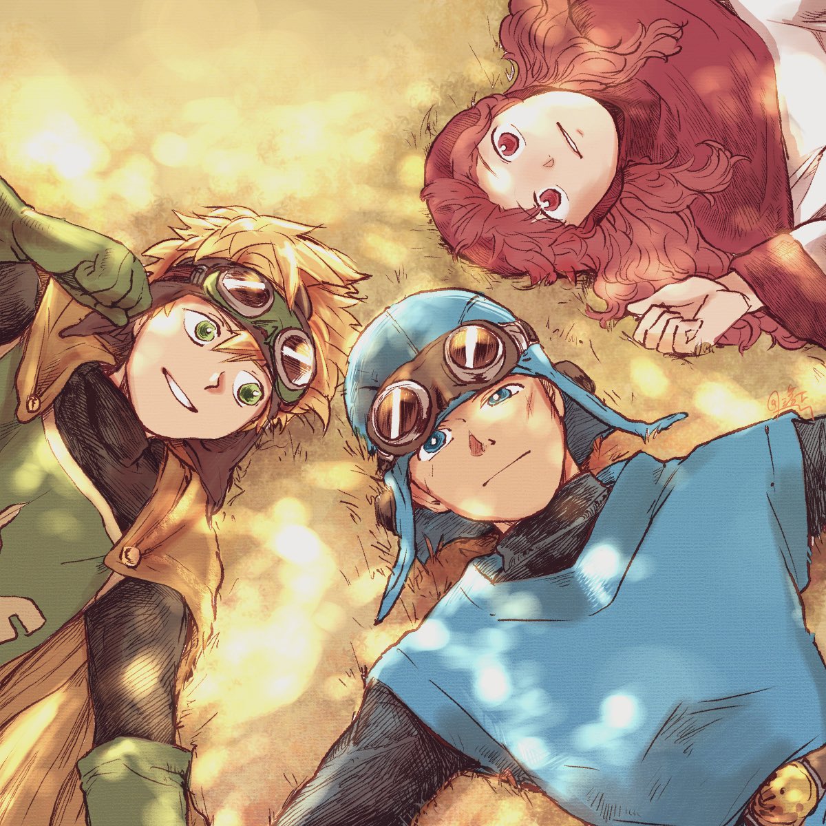1girl 2boys blonde_hair blue_eyes blue_tunic cape closed_mouth dragon_quest dragon_quest_ii gloves goggles goggles_on_head goggles_on_headwear grass green_eyes highres hood long_sleeves looking_at_another lying multiple_boys on_back orange_cape parted_lips prince_of_lorasia prince_of_samantoria princess_of_moonbrook rakka_(gerakudq1196) red_eyes red_hair smile tunic upper_body