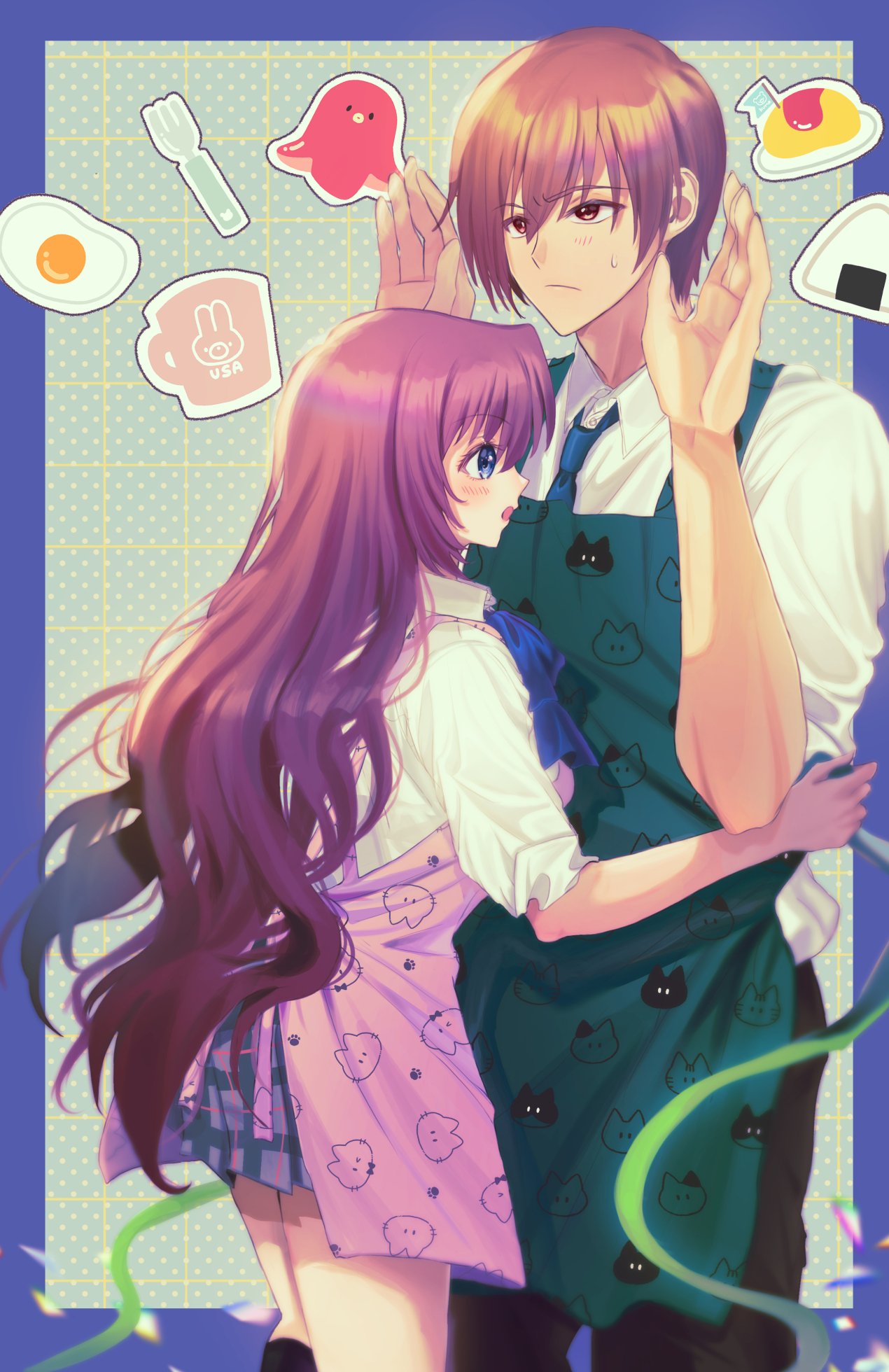 1boy 1girl :/ a-chan_senpai animal_print apron arm_around_waist blue_bow blue_eyes blue_necktie blush bow brown_hair cat_print closed_mouth collared_shirt commentary cowboy_shot cup dressing_another egg_(food) eyelashes food food_art fork from_side frown green_apron grey_skirt hair_between_eyes hands_up hetero highres hug little_busters! little_busters!_school_uniform long_hair long_sleeves looking_at_another looking_up miiizuno_lbs miniskirt mug natsume_kyousuke necktie omelet omurice onigiri open_mouth pink_apron plaid plaid_skirt profile purple_hair red_eyes school_uniform shirt short_hair shy skirt sleeves_rolled_up standing sweatdrop tako-san_wiener upturned_eyes very_long_hair wavy_hair white_shirt