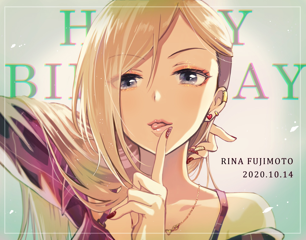 1girl arm_behind_head bare_shoulders blonde_hair character_name dress earrings fujimoto_rina grey_eyes grid_background happy_birthday idolmaster idolmaster_cinderella_girls idolmaster_cinderella_girls_starlight_stage index_finger_raised jewelry long_hair looking_at_viewer multicolored_nails necklace open_mouth purple_dress sako_misaki solo text_background tongue tongue_out