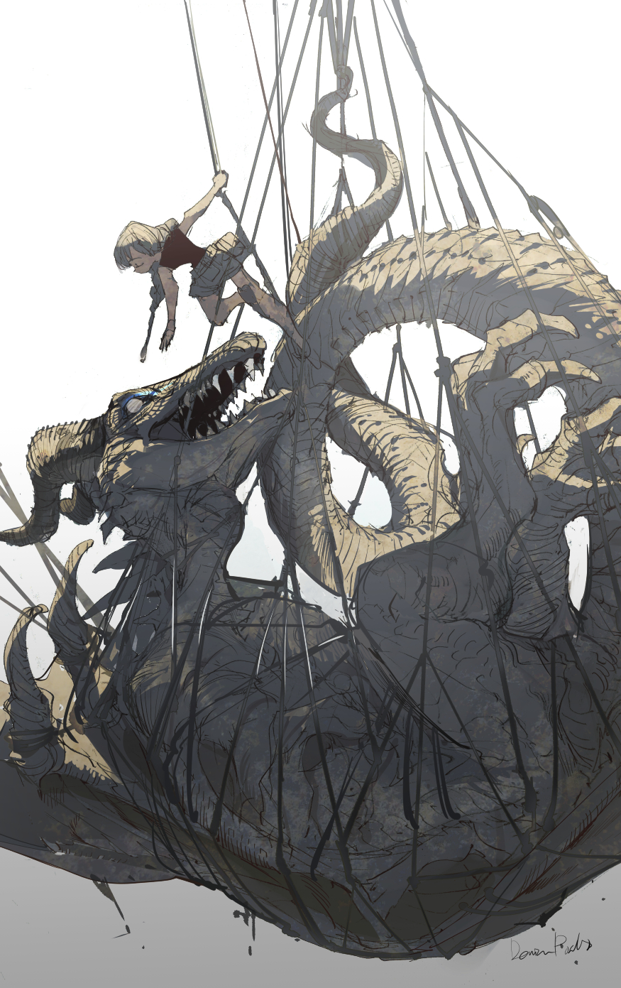 1girl bleeding blood bound braid closed_eyes dangling demizu_posuka dragon facing_another foot_up grey_background grey_hair grey_shorts hanging highres injury long_hair monster open_mouth original outstretched_arms profile reaching restrained rope shorts signature size_difference sketch spread_arms tied_up_(nonsexual) western_dragon white_background