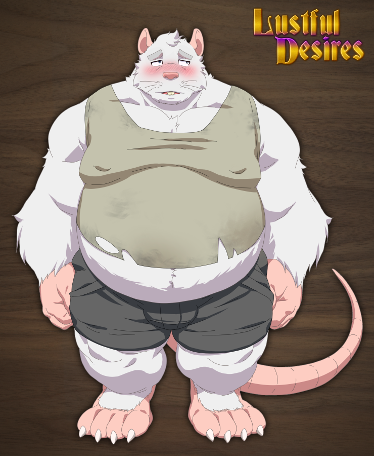 anthro belly blush bottomwear clothed clothing eyebrows grey_eyebrows lustful_desires male mammal murid murine overweight overweight_anthro overweight_male pants rat rodent scrap_(lustful_desires) shirt solo tail teeth topwear white_body zoroj