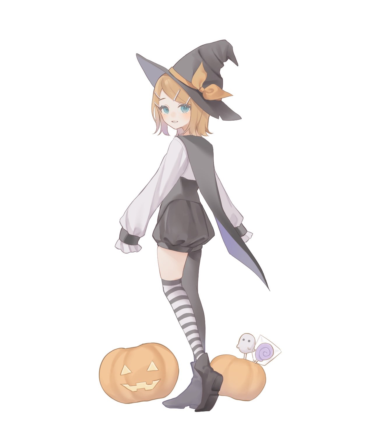 1girl aqua_eyes asymmetrical_legwear baggy_shorts black_cape black_footwear black_headwear black_pantyhose black_shorts blouse boots bow candy cape food frilled_cuffs ghost hair_ornament hairclip halloween halloween_costume hat hat_bow highres jack-o'-lantern kagamine_rin kneehighs lollipop looking_at_viewer looking_back pantyhose pointy_footwear pumpkin shirt short_hair shorts single_kneehigh single_sock sleeves_past_fingers sleeves_past_wrists smile socks solo striped striped_socks sumire_rin swept_bangs turning_head vocaloid white_shirt witch_hat yellow_bow