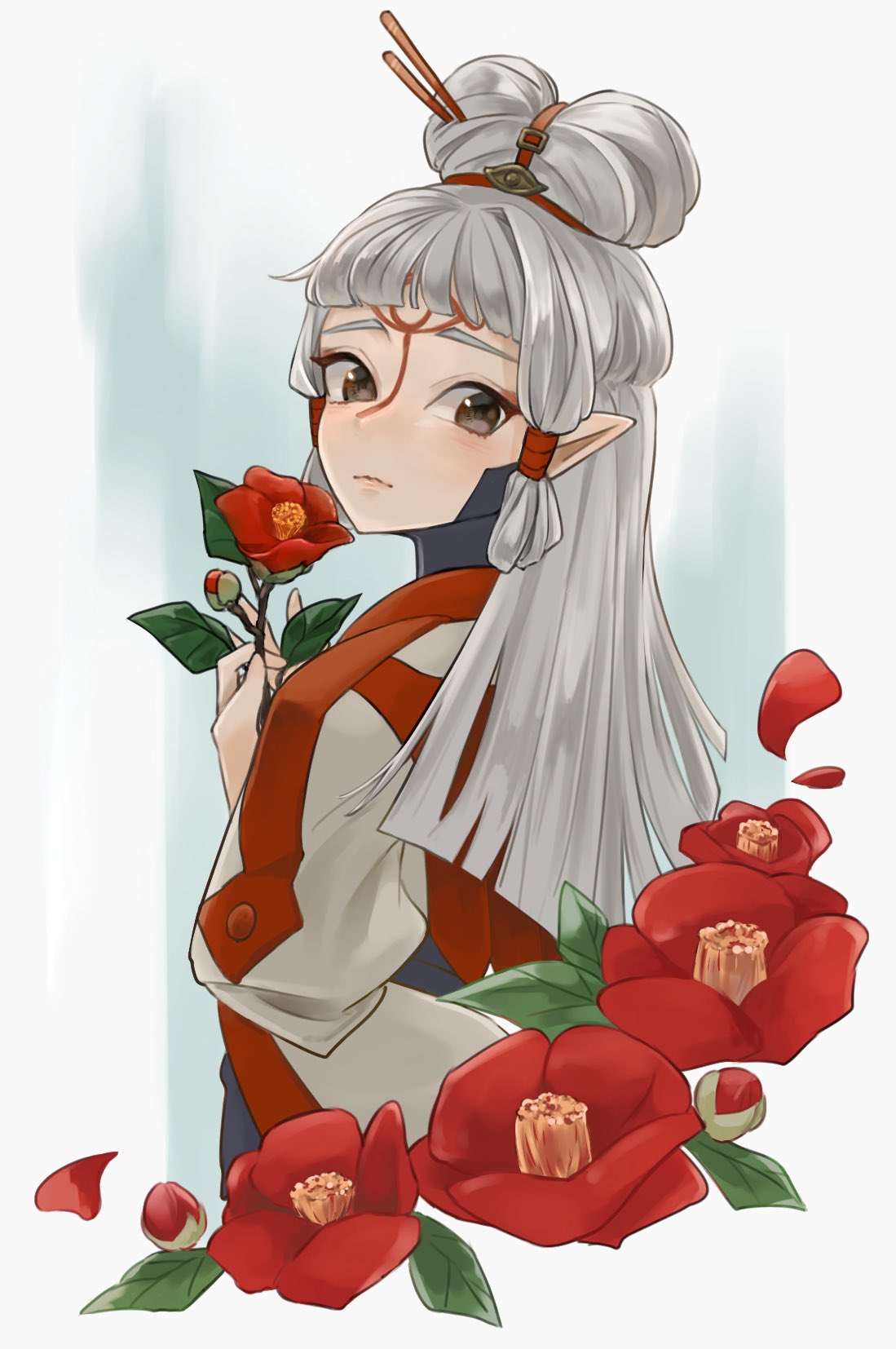 1girl blunt_ends brown_eyes closed_mouth coat eye_symbol facial_mark flower forehead_mark grey_coat hair_ornament hair_ribbon hair_stick highres holding holding_flower long_hair looking_at_viewer maya_(mayamayammy) paya_(zelda) pointy_ears red_flower ribbon sheikah simple_background solo the_legend_of_zelda the_legend_of_zelda:_tears_of_the_kingdom tress_ribbon updo