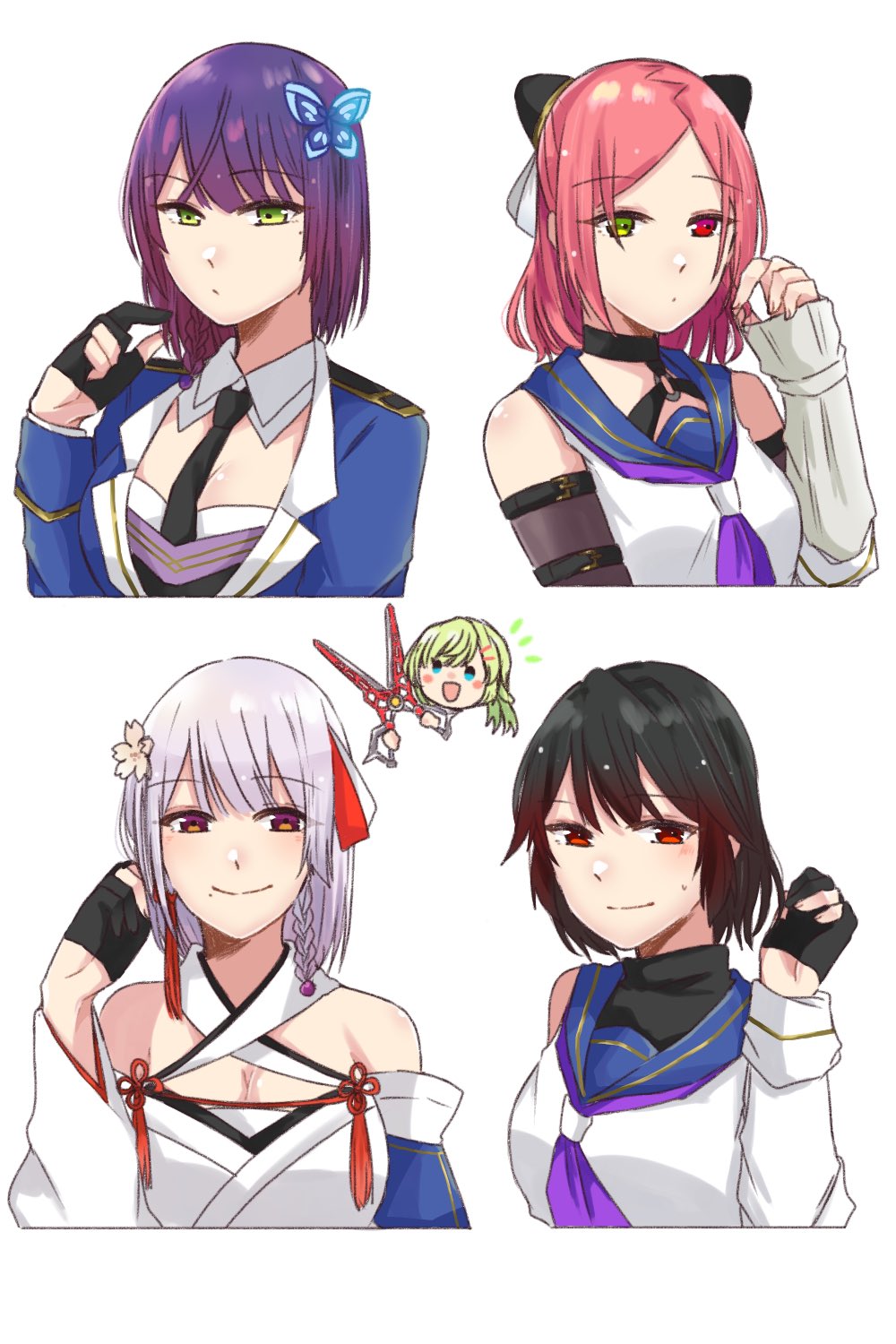 5girls :d alternate_hair_length alternate_hairstyle arm_at_side arm_belt assault_lily bare_shoulders belt black_belt black_choker black_gloves black_hair black_necktie black_shirt blue_eyes blue_jacket blue_sailor_collar braid breasts butterfly_hair_ornament chibi chibi_inset choker cleavage closed_mouth collared_shirt commentary criss-cross_halter cropped_torso detached_sleeves epaulettes flower funada_kiito funada_ui gloves gradient_hair green_eyes green_hair grey_hair hair_flower hair_ornament hair_ribbon hairclip hairpods half_gloves halterneck hand_up heterochromia highres holding holding_hair holding_scissors holding_weapon jacket japanese_clothes kawabata_hotaru kimono large_breasts layered_sleeves light_blush long_sleeves looking_ahead looking_at_viewer mole mole_under_eye mole_under_mouth multicolored_hair multiple_girls nagasawa_yuki_(assault_lily) neckerchief necktie nigari_(ngari_0115) notice_lines o-ring o-ring_choker odaiba_girls_high_school_uniform open_mouth partially_fingerless_gloves purple_eyes purple_hair purple_neckerchief red_eyes red_hair red_ribbon ribbon sailor_collar school_uniform scissors serafuku shiba_tomoshibi shirt short_hair siblings side_braid simple_background single_braid sisters sleeveless sleeveless_shirt sleeves_past_wrists smile sweatdrop symbol-only_commentary tassel tassel_hair_ornament two-tone_hair undershirt upper_body weapon white_background white_flower white_kimono white_ribbon white_shirt wide_sleeves