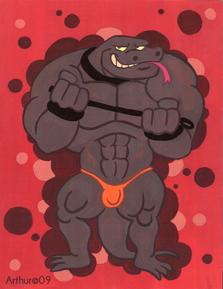 2009 anthro barefoot bulge circles clothed clothing detailed_background dominant dominant_male feet forked_tongue genital_outline holding_leash holding_object komodo_dragon leash lizard male monitor_lizard muscular muscular_male open_mouth orange_clothing orange_thong orange_underwear penis_outline red_background reptile rthur scalie signature simple_background solo teethshowing thong thong_only tongue tongue_out topless underwear underwear_only yellow_sclera