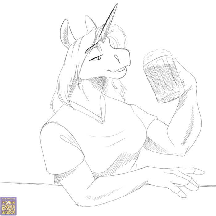 1:1 alcohol anthro beer beverage breasts clothed clothing equid equine female foxenawolf greyscale hair half-closed_eyes horn mammal monochrome narrowed_eyes sketch solo unicorn unicorn_horn
