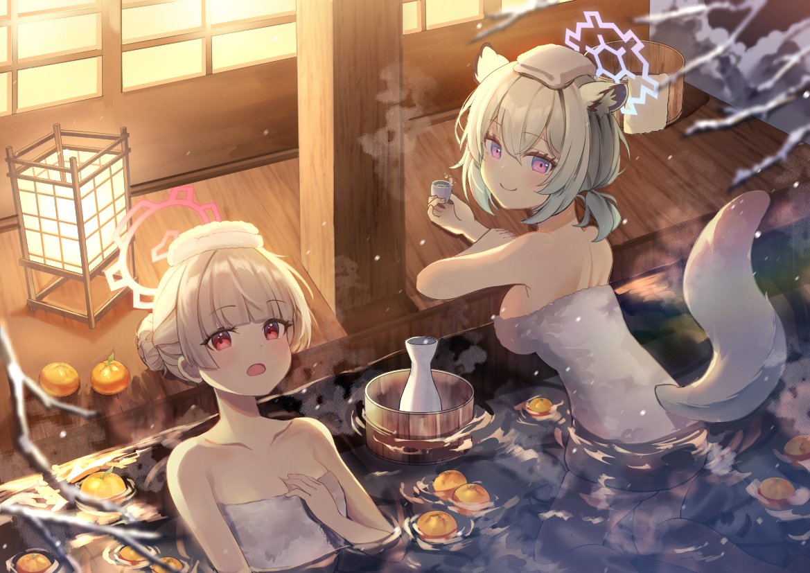 2girls alcohol animal_ears architecture back bare_arms bare_shoulders blonde_hair blue_archive blue_halo blunt_bangs breasts bucket closed_mouth collarbone cup double-parted_bangs east_asian_architecture food from_behind fruit hair_between_eyes hair_bun halo hand_on_own_chest holding holding_cup lantern large_breasts looking_at_viewer low_ponytail mandarin_orange multiple_girls naked_towel nodoka_(blue_archive) nodoka_(hot_spring)_(blue_archive) onsen open_mouth pink_halo purple_eyes red_eyes sake shan_(ti0n) shigure_(blue_archive) shigure_(hot_spring)_(blue_archive) shouji single_hair_bun sliding_doors tail tokkuri towel towel_on_head weasel_ears weasel_girl weasel_tail wooden_bucket wooden_floor