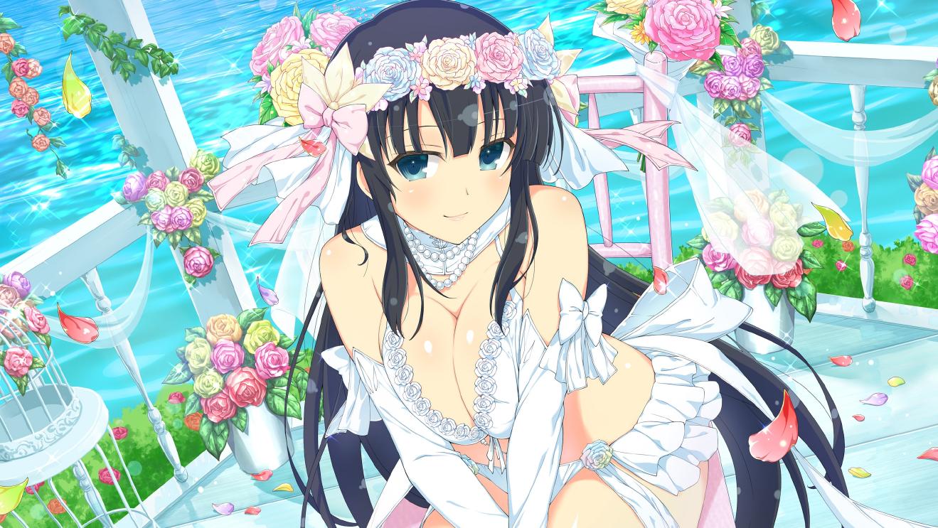 1girl banister birdcage black_hair blue_eyes blush breasts breasts_squeezed_together bridal_lingerie bridal_veil bride bush cage cleavage day falling_petals flower gloves green_flower green_rose hair_flower hair_ornament ikaruga_(senran_kagura) jewelry lace_trim large_breasts leaf lingerie long_hair looking_at_viewer multicolored_flower multicolored_rose necklace ocean official_alternate_costume official_art panties pearl_necklace petals pink_flower pink_rose purple_flower purple_rose red_flower red_rose rose senran_kagura senran_kagura_new_link senran_kagura_shoujo-tachi_no_shin'ei smile solo underwear veil very_long_hair water white_flower white_gloves white_panties yaegashi_nan yellow_flower yellow_rose