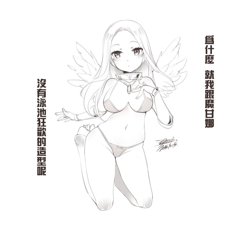 1girl barefoot breasts character_request chinese_text dated ejami greyscale jewelry league_of_legends long_hair looking_at_viewer monochrome navel signature simple_background solo swimsuit white_background wings