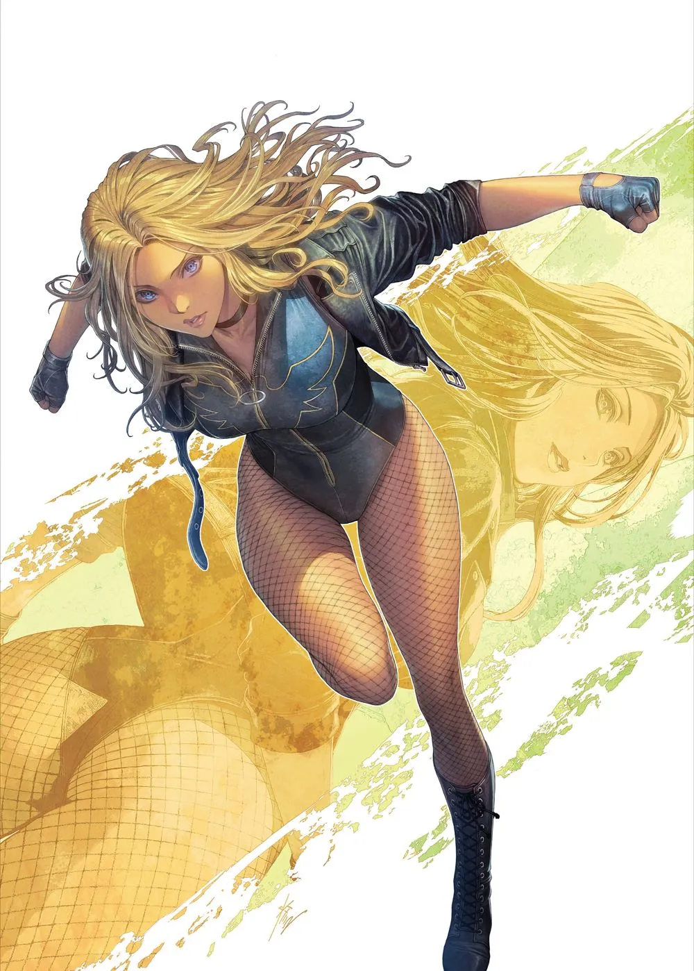 1girl ass black_canary blonde_hair blue_eyes boots breasts choker clenched_hands cropped_jacket cross-laced_footwear dc_comics fingerless_gloves fishnet_pantyhose fishnets from_behind gloves highleg highleg_leotard highres homare_(fool's_art) jacket knee_boots lace-up_boots leather leather_jacket leg_up leotard lips long_hair looking_at_viewer looking_back medium_breasts multiple_views open_clothes open_jacket pantyhose simple_background