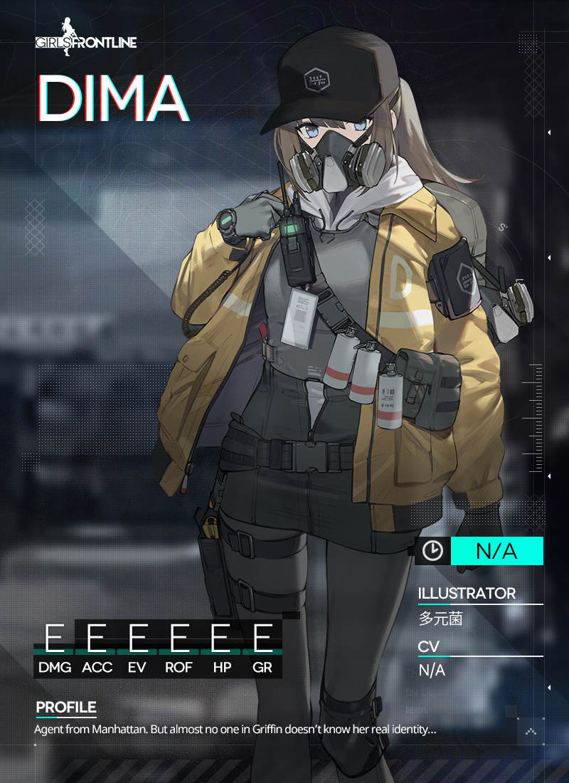 1girl alternate_costume april_fools armband artist_name backpack bag baseball_cap belt black_pantyhose black_skirt blue_eyes brown_hair character_name character_profile commentary copyright_name costume dima_(girls'_frontline) duoyuanjun english_commentary english_text explosive gas_mask girls'_frontline gloves grenade grey_gloves grey_shirt hat holster holstered jacket knee_pads long_hair looking_at_viewer mask official_art pantyhose promotional_art shirt skirt snap-fit_buckle solo tactical_clothes thigh_holster tom_clancy's_the_division walkie-talkie watch wristwatch yellow_jacket