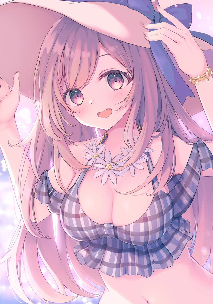 1girl bare_shoulders bikini blue_background blue_ribbon blush bracelet breasts brown_eyes brown_hair cleavage dot_nose flower flower_necklace gradient_background grey_bikini hat hat_ribbon highres holding holding_clothes holding_hat idolmaster idolmaster_shiny_colors jewelry large_breasts long_hair looking_at_viewer miyanome navel open_mouth pink_background pink_nails plaid plaid_bikini ribbon smile solo straw_hat swept_bangs swimsuit tsukioka_kogane upper_body