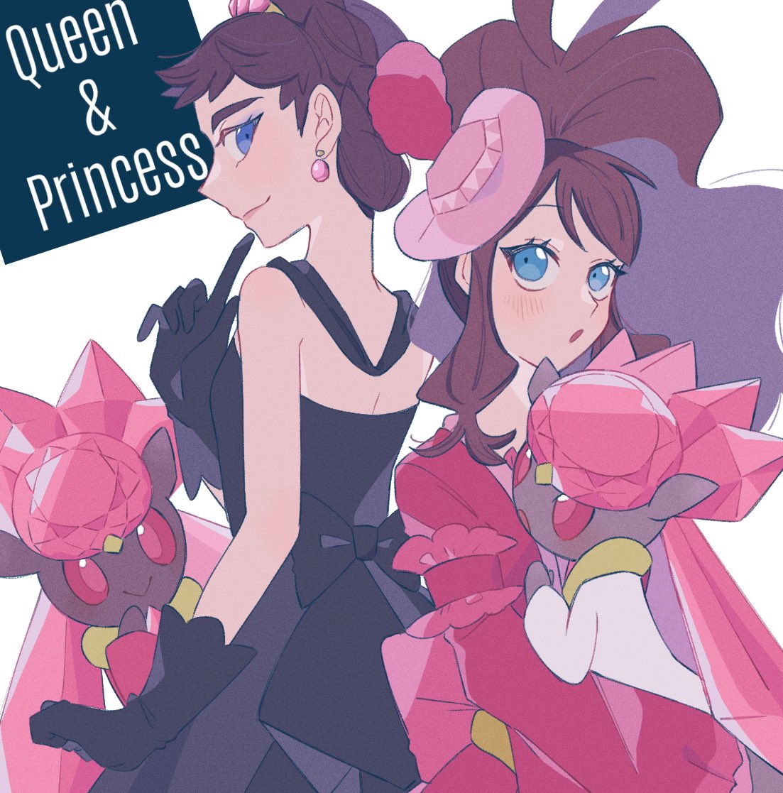 2girls alternate_color bare_shoulders black_dress black_gloves blue_eyes brown_hair diancie diantha_(pokemon) diantha_(sygna_suit)_(pokemon) dress earrings gloves high_ponytail hilda_(pokemon) hilda_(special_costume)_(pokemon) hime_(himetya105) jewelry long_hair looking_at_another multiple_girls official_alternate_costume pink_dress pokemon pokemon_(creature) pokemon_(game) pokemon_masters_ex ponytail shiny_pokemon short_hair smile white_background