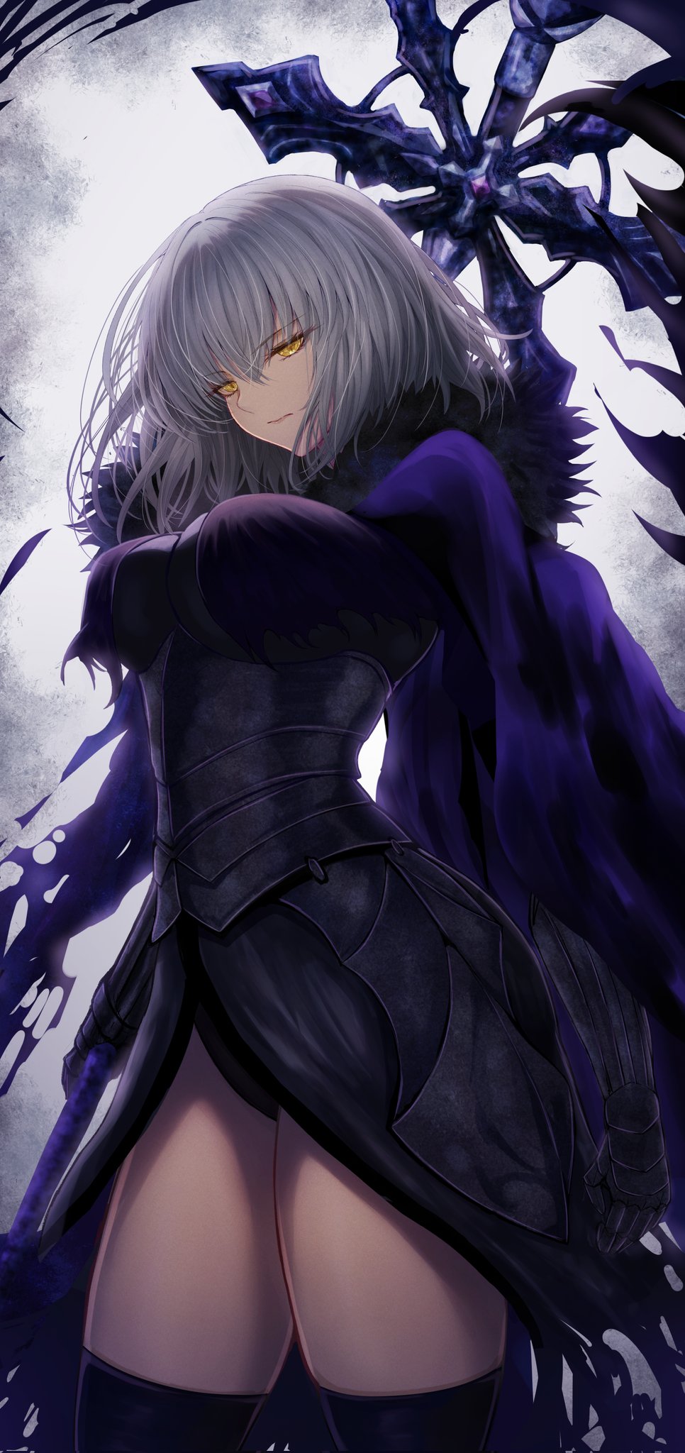 1girl armor armored_dress black_dress black_thighhighs breasts cape closed_mouth commentary_request dress fate/samurai_remnant fate_(series) fur-trimmed_cape fur_trim gauntlets grey_hair hair_between_eyes highres holding holding_polearm holding_weapon jeanne_d'arc_alter_(fate) jeanne_d'arc_alter_(lancer)_(fate) large_breasts panties penguintake plackart polearm purple_cape short_hair solo spear thighhighs thighs underwear weapon yellow_eyes