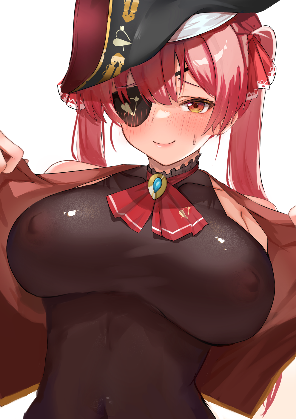 1girl arrow_through_heart ascot bangs bare_shoulders bicorne black_headwear black_leotard blush breasts closed_mouth covered_navel covered_nipples cropped_jacket eyepatch hat highres hololive houshou_marine impossible_clothes impossible_leotard large_breasts leotard long_hair looking_at_viewer neko_no_suke_(nekoneco118) one_eye_covered open_clothes open_vest pirate_hat red_ascot red_eyes red_hair red_vest revision sleeveless sleeveless_jacket smile solo twintails undressing upper_body vest virtual_youtuber