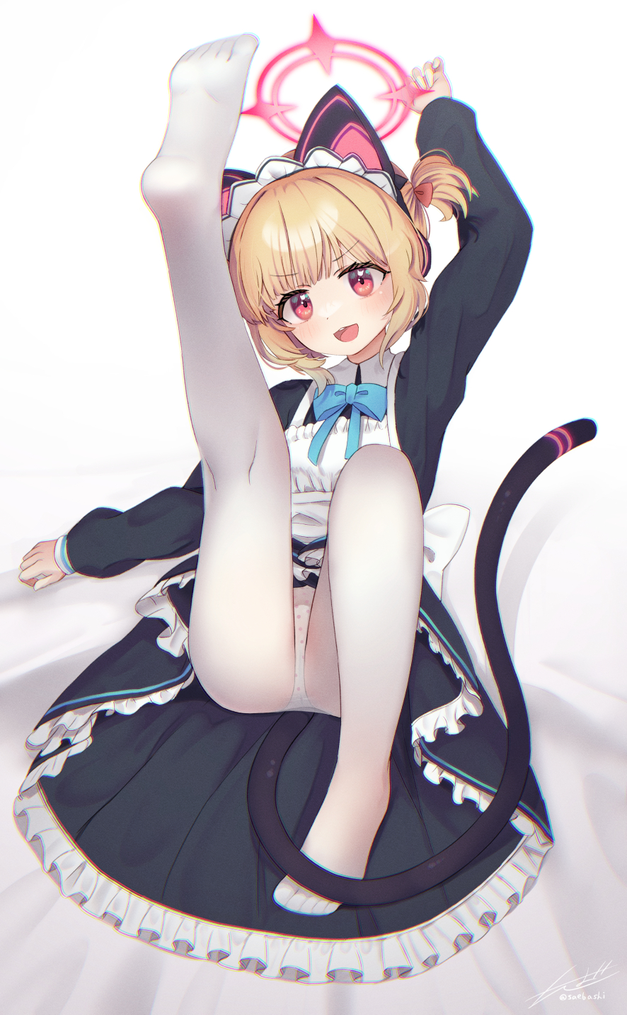 1girl animal_ear_headphones animal_ears apron arm_support arm_up artist_name black_dress blonde_hair blue_archive blue_bow blue_bowtie blush bow bowtie cat_ear_headphones cat_tail chromatic_aberration collared_dress commentary_request dress fake_animal_ears fake_tail flat_chest frilled_apron frilled_dress frills full_body halo headphones highres knee_up leaning_back leg_up long_sleeves looking_at_viewer maid maid_apron maid_headdress momoi_(blue_archive) momoi_(maid)_(blue_archive) no_shoes open_mouth paid_reward_available panties panties_under_pantyhose pantyhose petite pink_eyes pink_halo polka_dot polka_dot_panties puffy_long_sleeves puffy_sleeves saebashi sitting soles solo tail toes twintails twitter_username underwear white_apron white_panties white_pantyhose