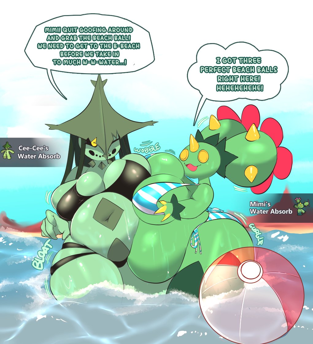 belly big_belly big_breasts breasts cacturne cactus duo dwps female female/female generation_3_pokemon generation_5_pokemon humanoid inflation maractus nintendo plant pokemon pokemon_(species)