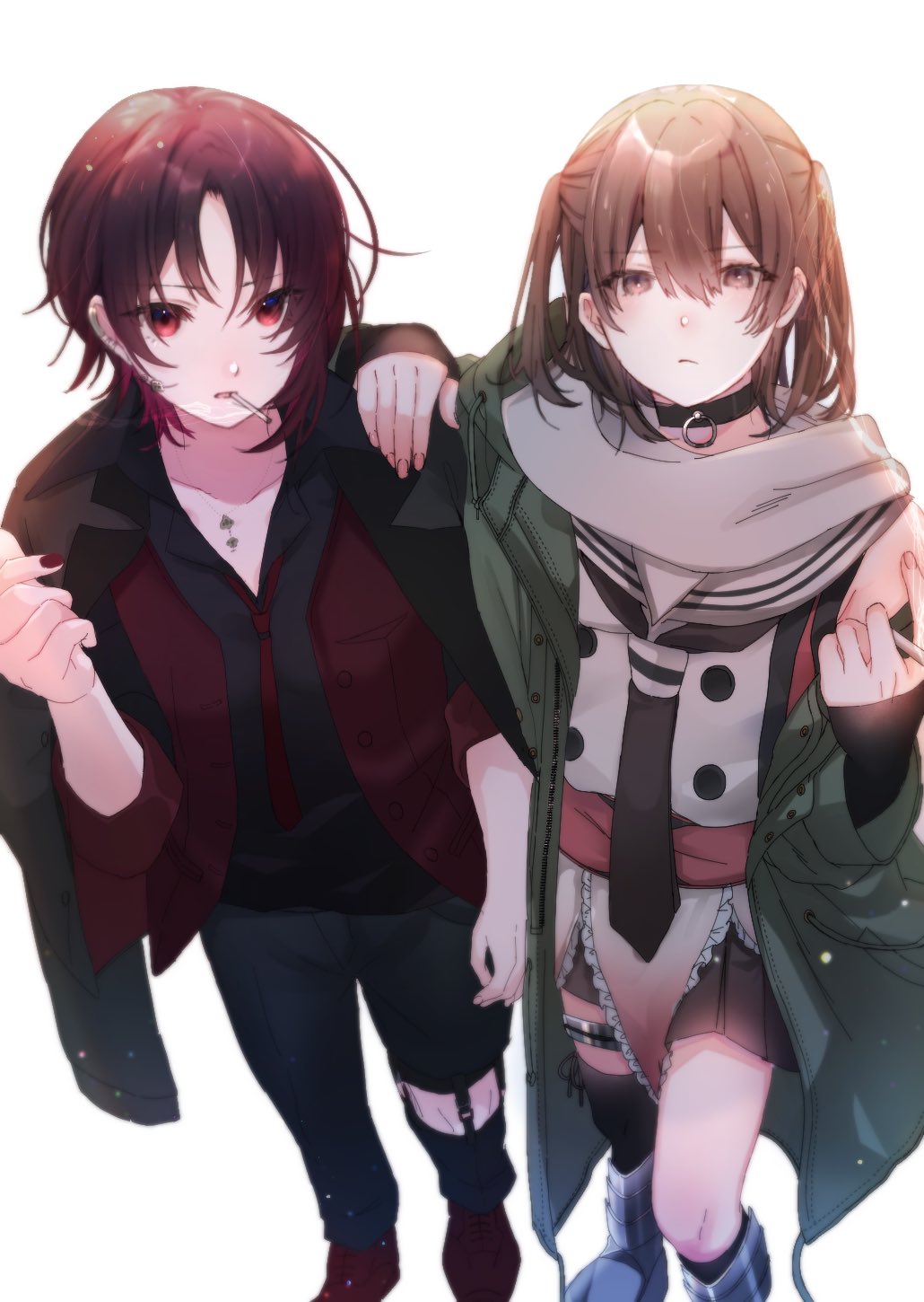 2girls arm_around_shoulder black_choker black_hair black_jacket black_neckerchief black_pants brown_eyes brown_hair choker cigarette closed_mouth coat crossover earrings green_coat hair_between_eyes highres holding holding_cigarette jacket jacket_on_shoulders jewelry kantai_collection kisaragi_ren_(vtuber) long_sleeves looking_at_viewer mouth_hold multicolored_hair multiple_girls nail_polish neckerchief necklace off_shoulder pants piercing red_eyes red_hair rinto_(rint_rnt) sailor_collar scarf sendai_(kancolle) sendai_kai_ni_(kancolle) shirt short_hair simple_background single_earring single_thighhigh sleeveless thigh_strap thighhighs two_side_up vspo! white_background white_sailor_collar white_scarf