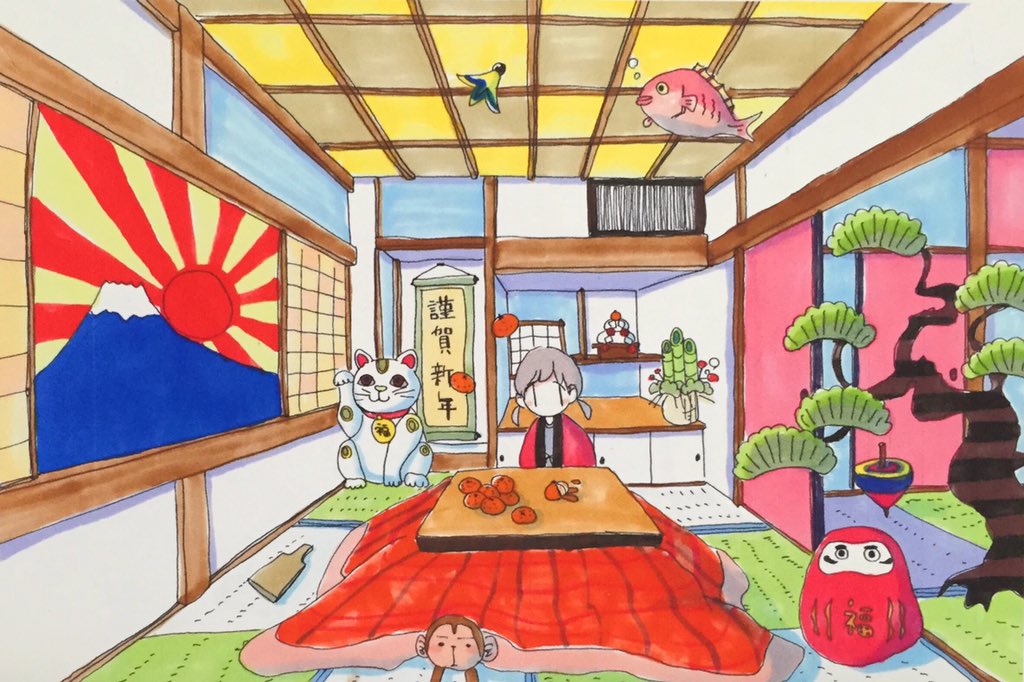 1girl architecture bangs chinese_zodiac daruma_doll east_asian_architecture fish food fruit fusuma grey_hair hagoita hanging_scroll japanese_clothes kadomatsu kagami_mochi kotatsu low_twintails maneki-neko medium_hair monkey mount_fuji new_year orange_(fruit) original paddle painting_(object) rising_sun_flag scroll sitting sliding_doors solo spinning_top sunburst table tatami tokunaga_aoi traditional_media twintails wide_shot year_of_the_monkey |_|