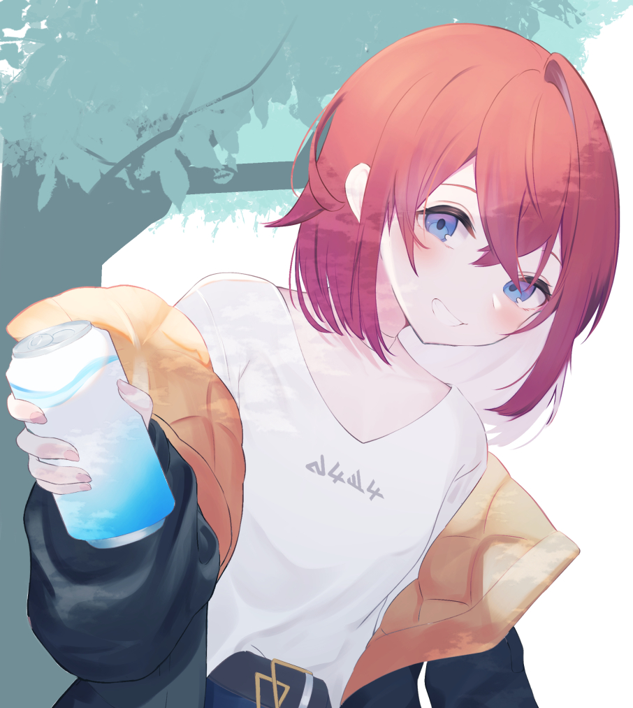 1girl ange_katrina black_jacket blue_eyes blush can clothes_writing grin hair_between_eyes hand_up holding holding_can jacket long_sleeves looking_at_viewer nijisanji off_shoulder open_clothes open_jacket puffy_long_sleeves puffy_sleeves red_hair roido_(taniko-t-1218) shirt single_hair_intake smile solo tree upper_body virtual_youtuber white_shirt