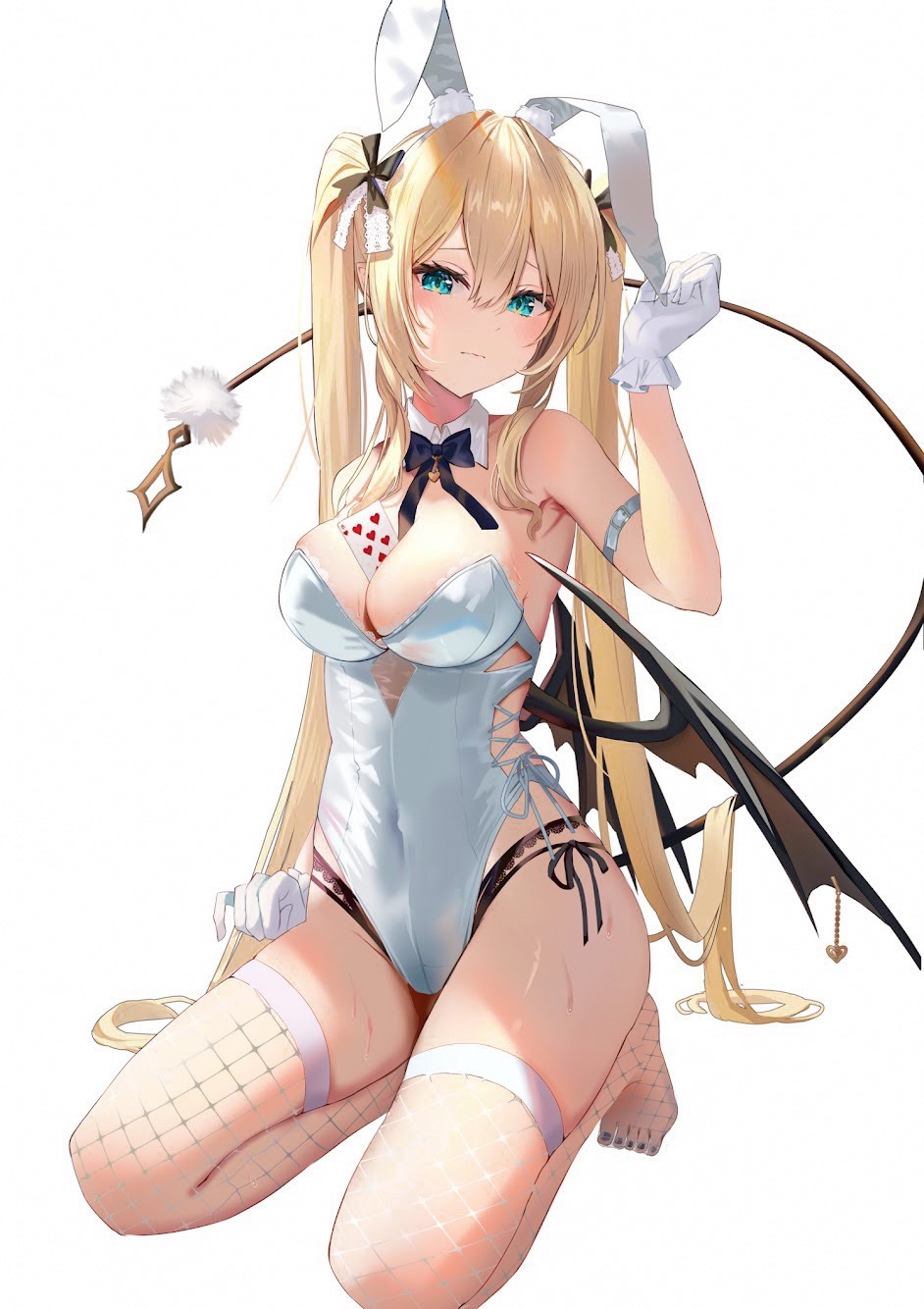 1girl animal_ears arm_strap armpits bare_shoulders between_breasts black_panties blonde_hair blue_eyes bow bowtie breasts card cleavage closed_mouth clothing_cutout covered_navel demon_tail detached_collar fake_animal_ears feet fishnet_thighhighs fishnets frown gloves hair_ribbon hand_up highleg highleg_leotard highres kneeling legs leotard long_hair looking_at_viewer medium_breasts no_shoes object_on_breast omelet_tomato original panties playboy_bunny playing_card rabbit_ears ribbon side-tie_leotard side-tie_panties side-tie_peek side_cutout simple_background solo strapless strapless_leotard string_panties sweat tail tail_raised thighhighs thighs toes twintails underwear very_long_hair wavy_mouth white_background white_gloves white_leotard