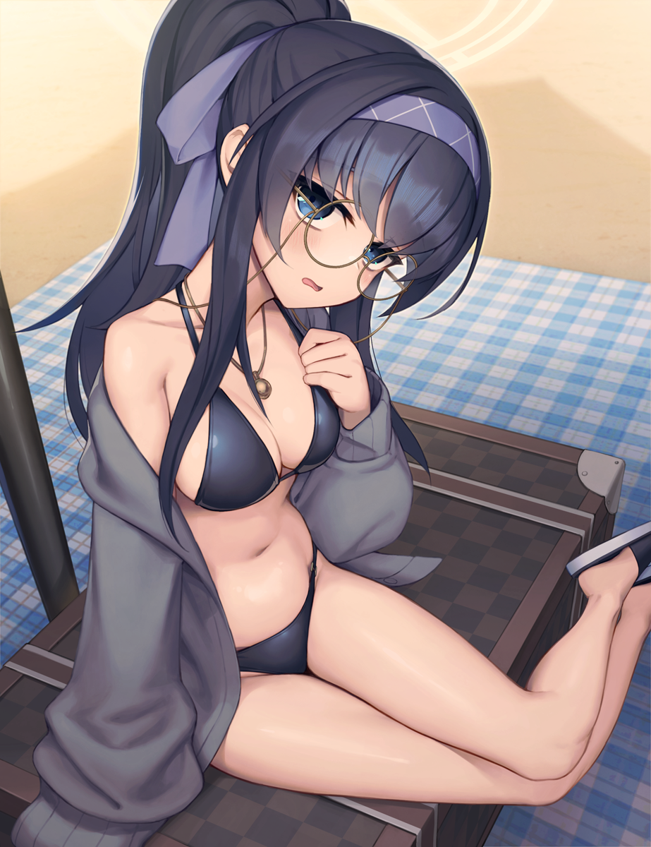 1girl alternate_breast_size bags_under_eyes bare_shoulders black_hair blue_archive blue_eyes blush breasts collarbone glasses grey_sweater hairband halo highres jewelry legs long_hair long_sleeves looking_at_viewer navel necklace off_shoulder official_alternate_costume open_clothes open_mouth ponytail rotix sandals sideboob sidelocks sitting small_breasts solo stomach sweater ui_(blue_archive) ui_(swimsuit)_(blue_archive)