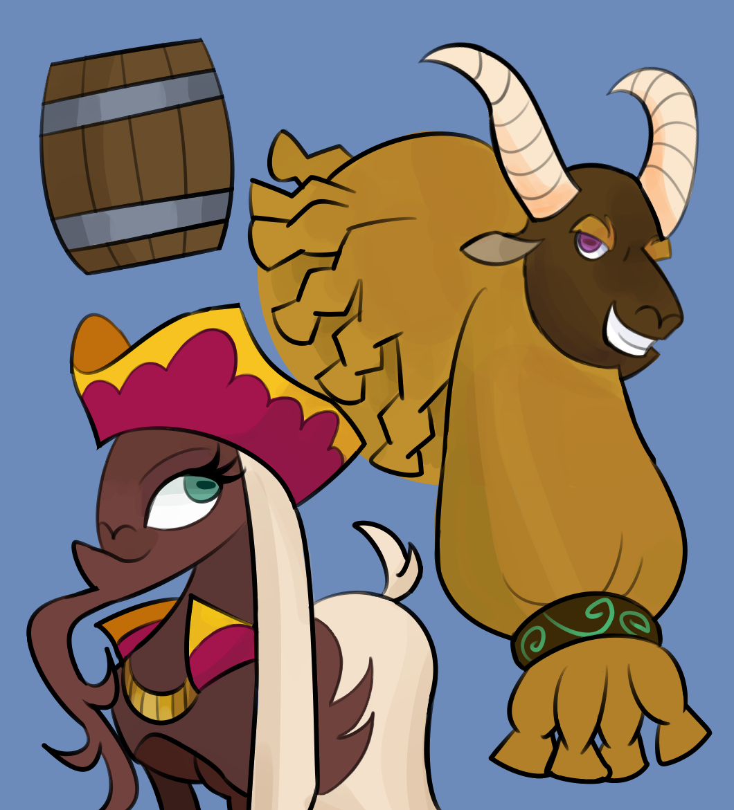 2023 barrel beard blue_background bovid brown_body brown_fur caprine captain_bravura_(tfh) chain clothing digital_drawing_(artwork) digital_media_(artwork) duo facial_hair female feral first_mate_ruvido_(tfh) fur goat green_eyes hair hat headgear headwear horizontal_pupils horn jewelry looking_up male mammal multicolored_body multicolored_fur nonameorous pirate pirate_hat pupils purple_eyes simple_background smile them's_fightin'_herds two_tone_body two_tone_fur white_body white_fur white_hair yellow_body yellow_fur