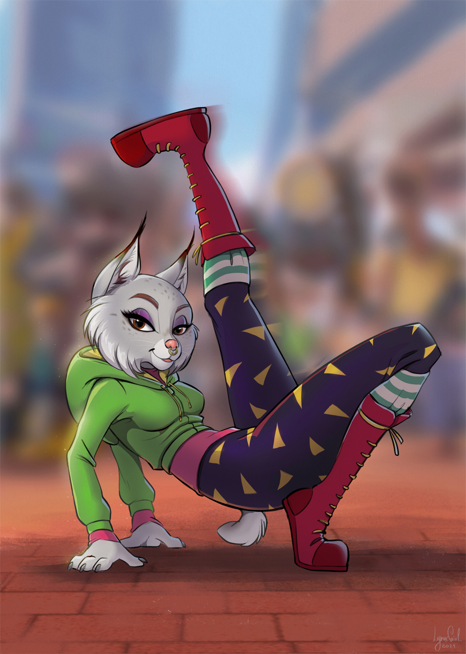 anthro boots clothing dancing depth_of_field eyeshadow felid feline female footwear hi_res illumination_entertainment legwear looking_at_viewer lynx makeup mammal nooshy_(sing) reallynxgirl sing_(movie) solo stockings street sweater topwear