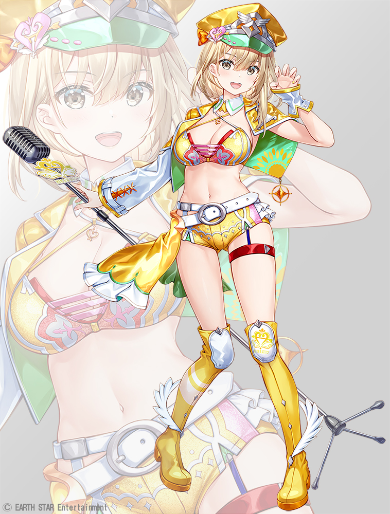 1girl :d belt belt_buckle boots breasts brown_eyes buckle character_request claw_pose cleavage commentary_request fujima_takuya grey_background hair_between_eyes hand_up hat holding holding_microphone_stand jacket light_brown_hair long_sleeves looking_at_viewer medium_breasts microphone microphone_stand navel official_art peaked_cap sekai_de_ichiban_tsuyoku_naritai! short_shorts shorts simple_background single_sleeve smile solo thigh_boots white_belt white_jacket yellow_footwear yellow_headwear yellow_shorts zoom_layer