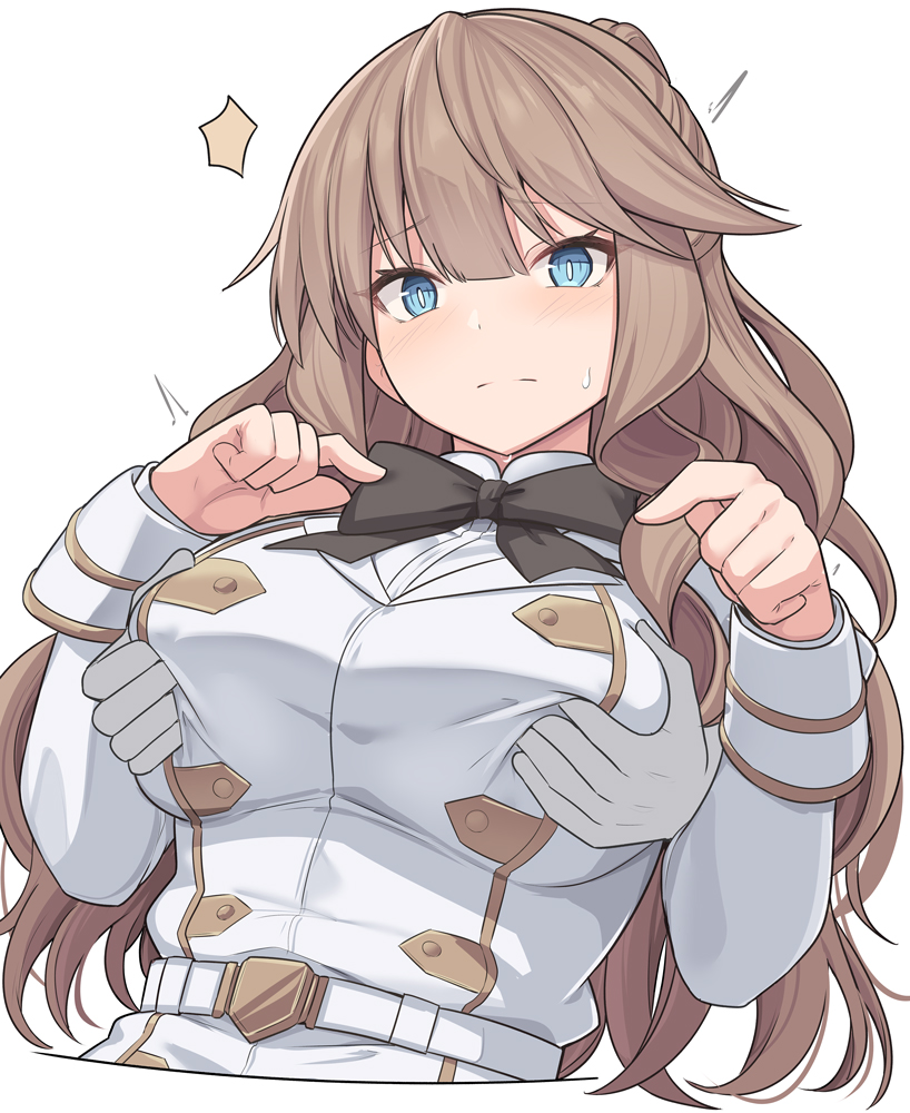 1girl belt blue_eyes blush breasts brown_hair disembodied_limb fate/apocrypha fate_(series) fiore_forvedge_yggdmillennia gloves grabbing grabbing_another's_breast jacket large_breasts long_hair long_sleeves looking_at_viewer shiseki_hirame solo_focus white_gloves white_jacket