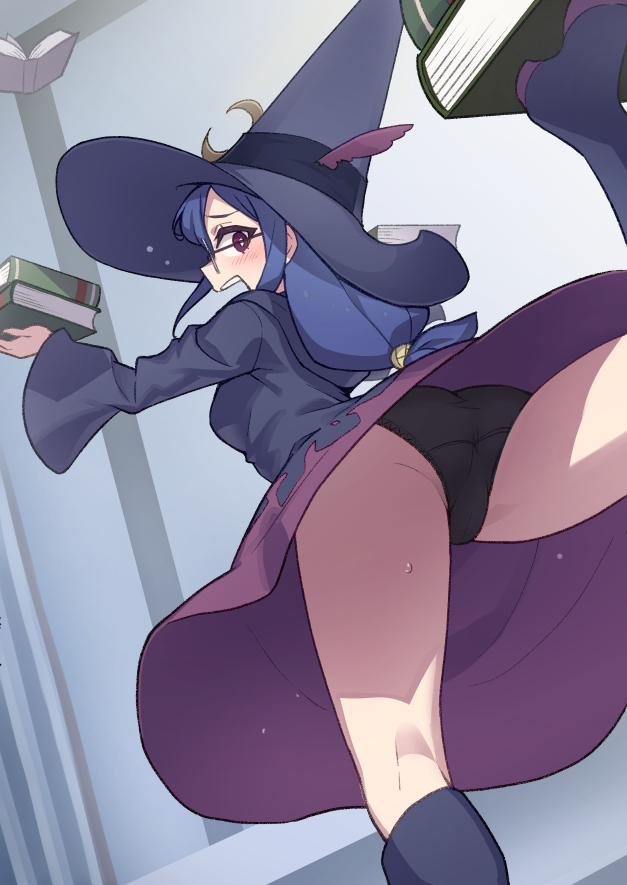 1girl black_panties blue_hair blush book dress glasses hat hat_feather heebee holding holding_book little_witch_academia long_hair looking_at_viewer looking_back low-tied_long_hair open_mouth panties purple_dress purple_headwear red_eyes solo underwear upskirt ursula_charistes witch_hat