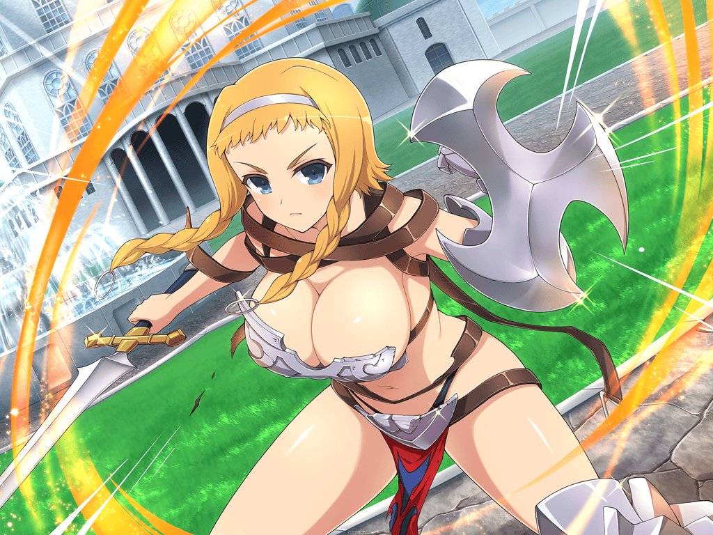 1girl architecture armor armored_boots battle belt bikini_armor black_panties blonde_hair blue_eyes boots braid breastplate breasts broken broken_armor buckle cleavage cobblestone crossover day exiled_warrior_leina fighting_stance fountain gauntlets grass greaves hairband holding holding_shield holding_sword holding_weapon large_breasts leina_(queen's_blade) loincloth looking_at_viewer mansion motion_lines navel official_art outdoors panties pillar queen's_blade revealing_clothes senran_kagura senran_kagura_new_link shield shiny_skin short_hair_with_long_locks single_gauntlet solo sparkle sword third-party_source torn_clothes twin_braids underwear v-shaped_eyebrows water weapon window yaegashi_nan