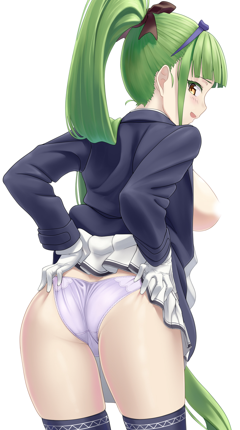 1girl ass azur_lane black_bow blue_jacket blunt_bangs blush bow breasts censored censored_nipples clothes_lift cowboy_shot danbora from_behind gloves green_hair hair_bow high_ponytail highres jacket long_hair looking_at_viewer medium_breasts open_clothes open_jacket panties purple_panties shropshire_(azur_lane) sidelocks simple_background skirt skirt_lift solo underwear very_long_hair white_background white_gloves yellow_eyes