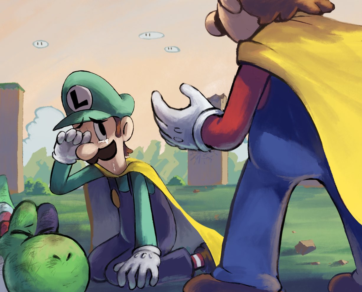 2boys blue_overalls brown_hair cape crying crying_with_eyes_open facial_hair gloves grass green_headwear green_shirt kneeling luigi mario mario_(series) multiple_boys mustache outdoors overalls red_shirt shirt short_hair tears white_gloves ya_mari_6363 yellow_cape