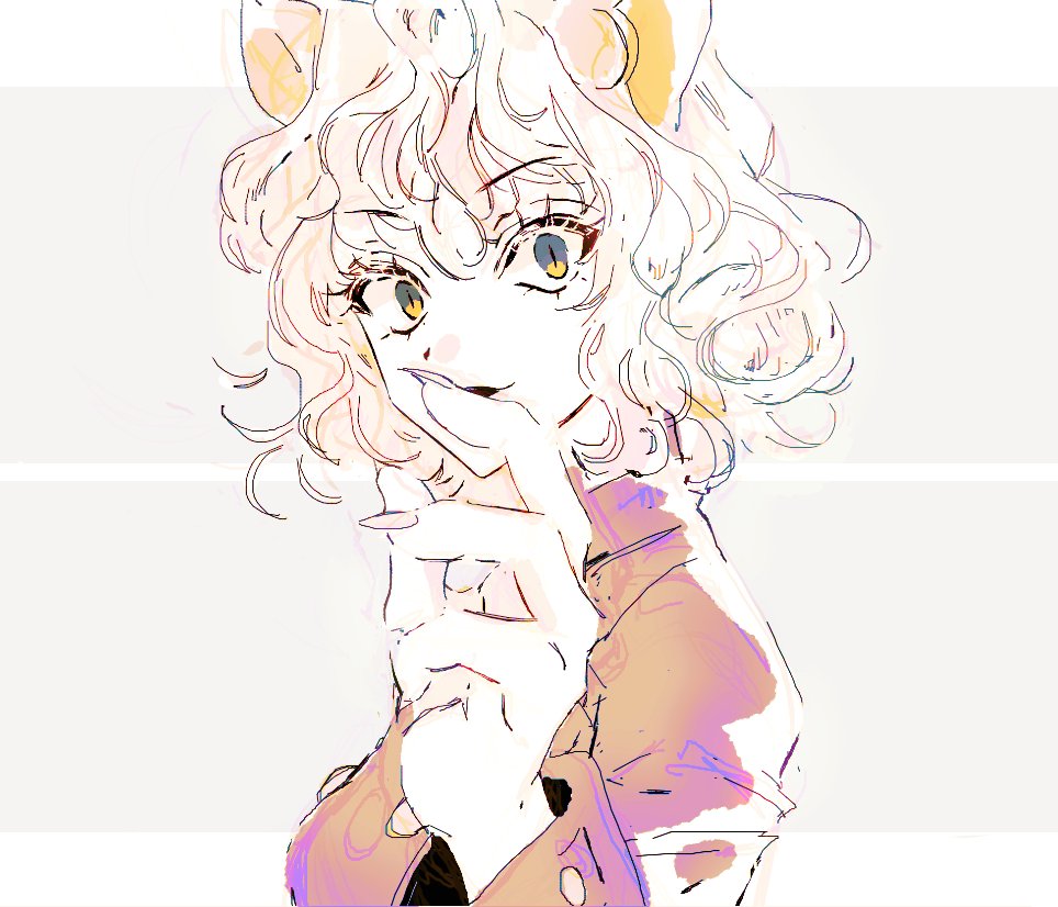 1other androgynous animal_ears cat_ears chimera_ant curly_hair fingernails hunter_x_hunter long_sleeves looking_at_viewer naemonaemo0523 neferpitou other_focus sharp_fingernails short_hair sketch smile solo upper_body white_background white_hair