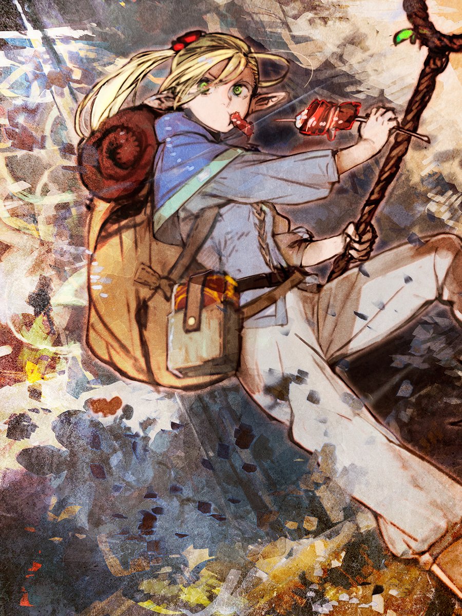 &gt;:( 1girl abstract_background ambrosia_(dungeon_meshi) backpack bag belt belt_pouch blonde_hair blue_capelet blue_shirt book book_holster capelet dungeon_meshi elf food food_in_mouth green_eyes grimoire hair_ribbon highres holding holding_staff kebab marcille multicolored_background pants pointy_ears ponytail pouch red_ribbon ribbon shirt sideways_glance skewer sleeping_bag sprout staff toi8 v-shaped_eyebrows white_pants