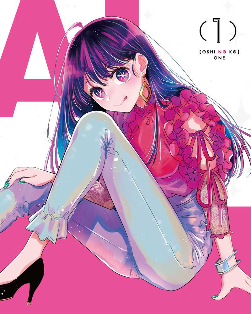 1girl :p aqua_nails black_footwear cover dvd_cover earrings high_heels hirayama_kanna hoshino_ai_(oshi_no_ko) idol_clothes jewelry juliet_sleeves long_hair long_sleeves looking_at_viewer official_art oshi_no_ko puffy_sleeves purple_eyes purple_hair sitting smile solo star-shaped_pupils star_(symbol) star_in_eye symbol-shaped_pupils symbol_in_eye tongue tongue_out