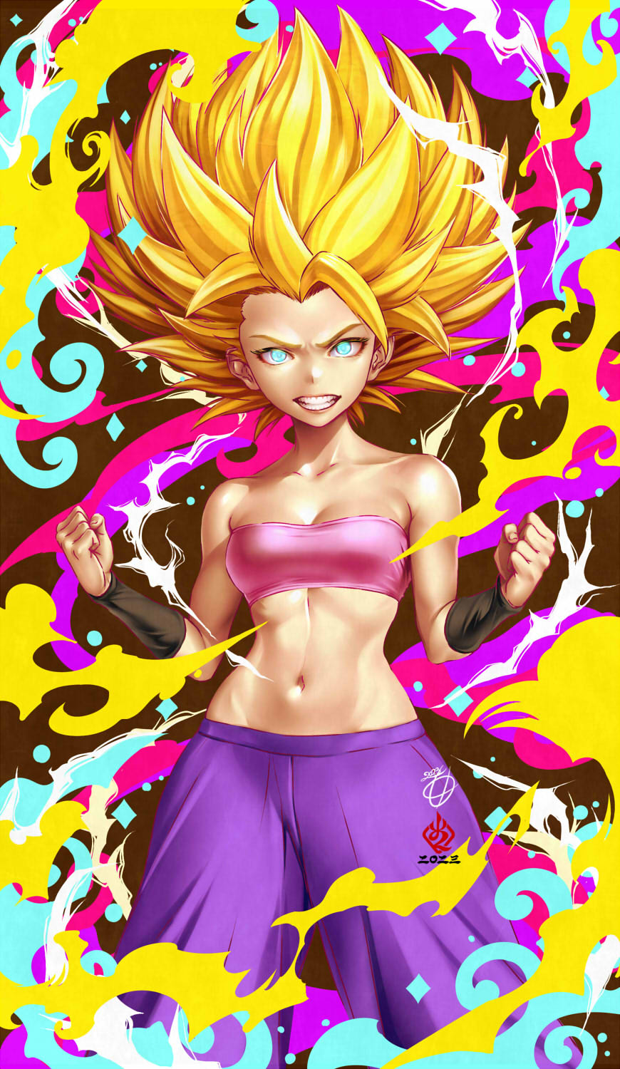 1girl aqua_eyes bare_shoulders blonde_hair breasts caulifla clenched_hands clenched_teeth collarbone commentary dragon_ball dragon_ball_super english_commentary fingernails highres kanchiyo looking_at_viewer midriff navel pink_tube_top serious small_breasts solo spiked_hair standing stomach strapless super_saiyan teeth tube_top