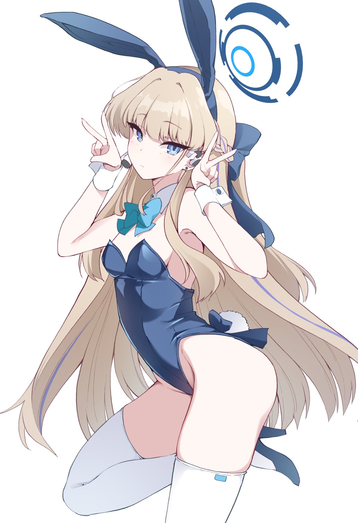 1girl animal_ears bare_shoulders blonde_hair blue_archive blue_eyes blue_leotard blush bow bowtie braid breasts detached_collar double_v earpiece fake_animal_ears french_braid halo high_heels highleg highleg_leotard highres leotard long_hair looking_at_viewer matatabi_(2ccp) playboy_bunny rabbit_ears rabbit_tail small_breasts solo tail thighhighs thighs toki_(blue_archive) toki_(bunny)_(blue_archive) v white_thighhighs wrist_cuffs