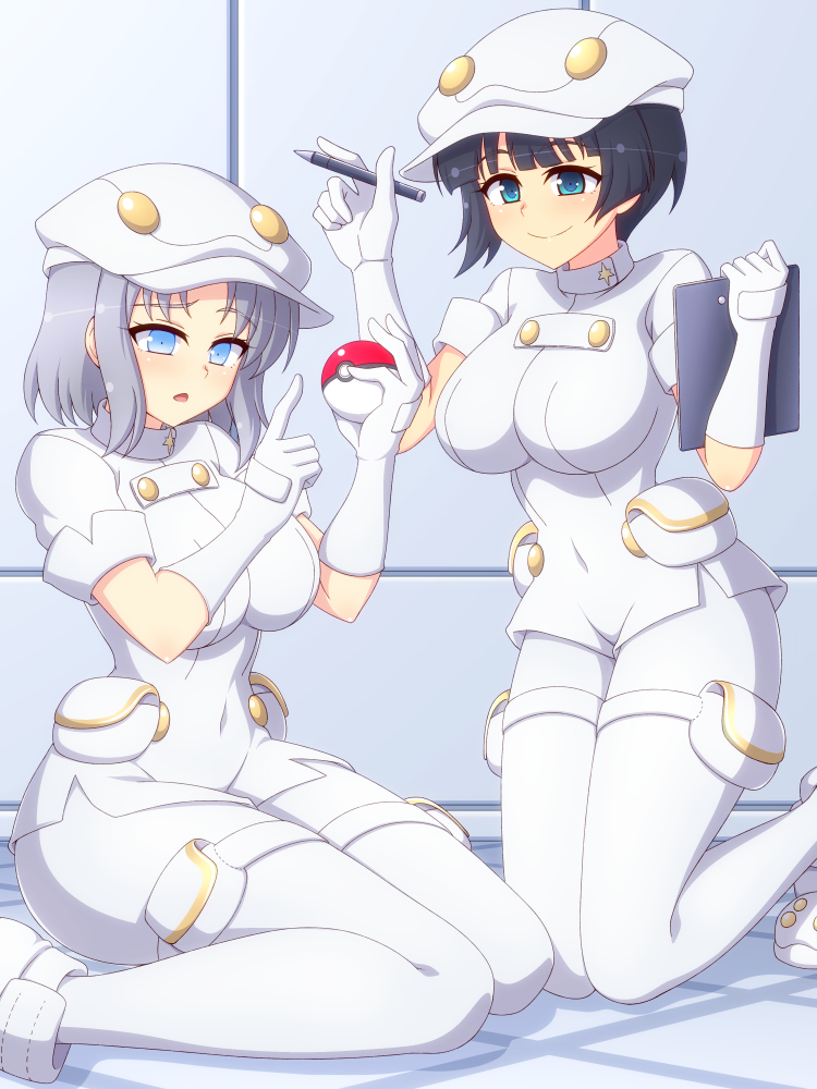 2girls aether_foundation_employee aether_foundation_employee_(cosplay) aether_foundation_uniform blue_eyes blue_hair blunt_bangs blush bowl_cut breasts cabbie_hat clipboard cosplay covered_navel crossover emblem employee_uniform gloves grey_hair hat holding holding_clipboard holding_poke_ball indoors jumpsuit kneeling large_breasts looking_at_another multiple_girls navel pantyhose pen poke_ball poke_ball_(basic) pokemon pokemon_(game) pokemon_sm pokemon_usum pouch senran_kagura senran_kagura_shinovi_versus short_hair short_jumpsuit short_sleeves sitting smile tile_floor tile_wall tiles turtleneck_jumpsuit uniform wariza white_footwear white_gloves white_headwear white_jumpsuit white_pantyhose white_uniform yozakura_(senran_kagura) yumi_(senran_kagura) zetsumu