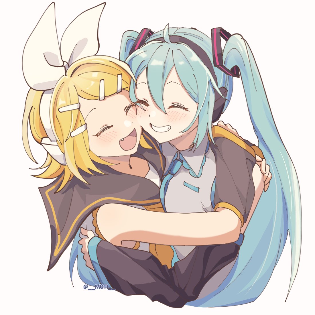 2girls ^_^ ahoge aqua_hair aqua_necktie arm_warmers arms_around_back bare_shoulders black_sailor_collar black_sleeves blonde_hair bow cheek-to-cheek closed_eyes commentary cropped_torso detached_sleeves fang grey_shirt grin hair_bow hair_ornament hairclip happy hatsune_miku headphones heads_together hug kagamine_rin light_blush long_hair m0ti multiple_girls necktie open_mouth sailor_collar school_uniform shirt short_hair simple_background sleeveless sleeveless_shirt smile swept_bangs twintails twitter_username upper_body very_long_hair vocaloid white_bow white_shirt yellow_necktie yuri