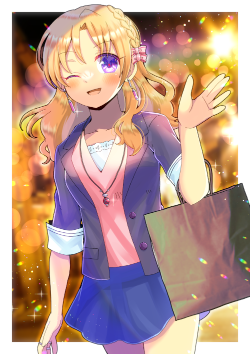 1girl ;d bag black_jacket blonde_hair blue_skirt blurry blurry_background blush braid commentary_request commission depth_of_field hand_up idolmaster idolmaster_cinderella_girls jacket kiryu_tsukasa_(idolmaster) kou_hiyoyo long_hair looking_at_viewer one_eye_closed open_clothes open_jacket paper_bag parted_bangs pink_shirt purple_eyes shirt shopping_bag short_sleeves skeb_commission skirt smile solo
