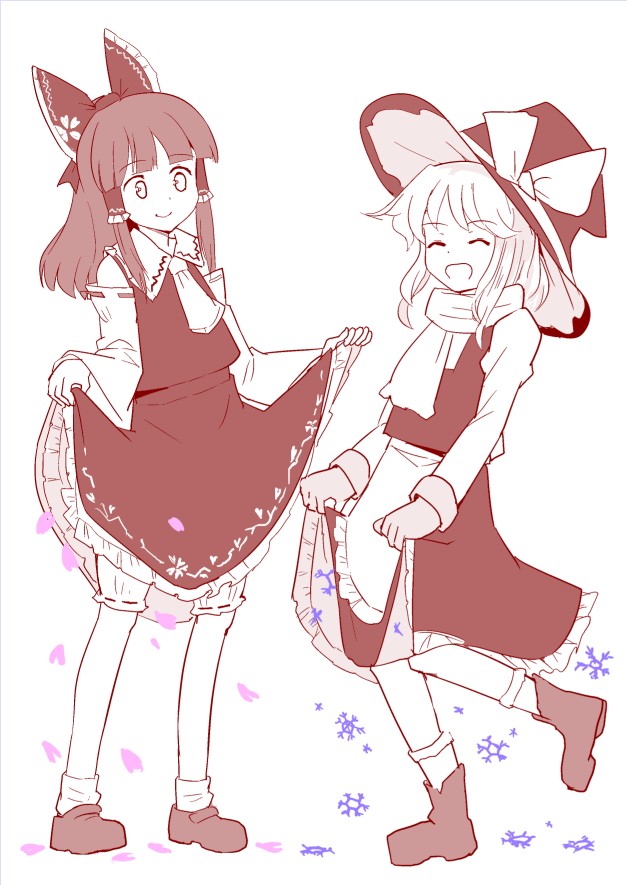 2girls apron ascot boots bow cherry_blossoms closed_eyes commentary_request detached_sleeves frilled_bow frilled_hair_tubes frills gloves hair_bow hair_tubes hakurei_reimu hat hat_bow kirisame_marisa long_hair looking_at_another monochrome multiple_girls open_mouth puuakachan ribbon-trimmed_sleeves ribbon_trim scarf simple_background skirt smile snowflakes socks spot_color touhou waist_apron white_background witch_hat