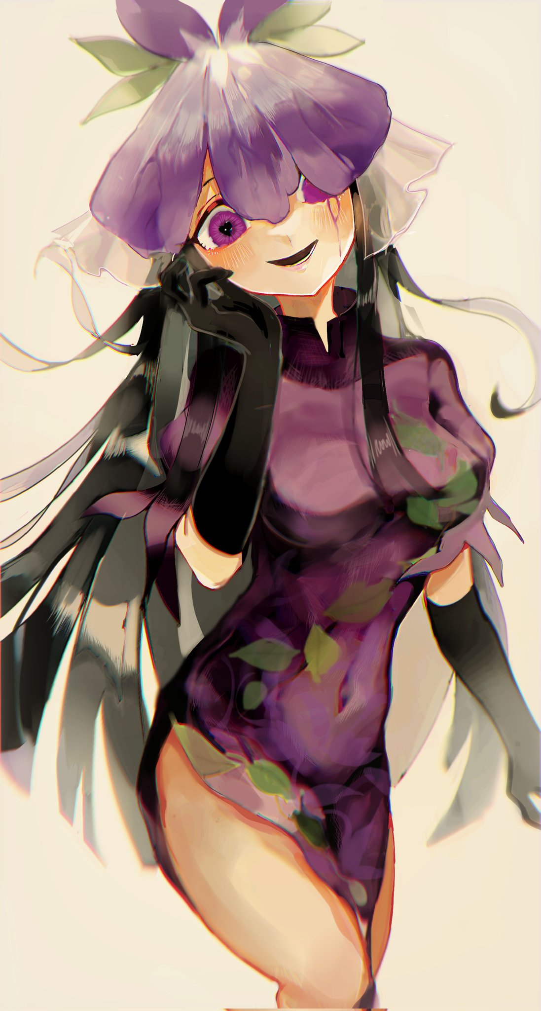 1girl black_gloves black_hair blush china_dress chinese_clothes comkdom commentary_request covered_navel dress elbow_gloves flower flower_on_head fruit_print gloves grape_print hand_up heart heart-shaped_pupils highres leaf_print lips long_hair looking_at_viewer mandarin_collar open_mouth puffy_short_sleeves puffy_sleeves purple_dress purple_eyes purple_flower short_sleeves sidelocks simple_background solo standing symbol-shaped_pupils teeth touhou veil white_background yomotsu_hisami