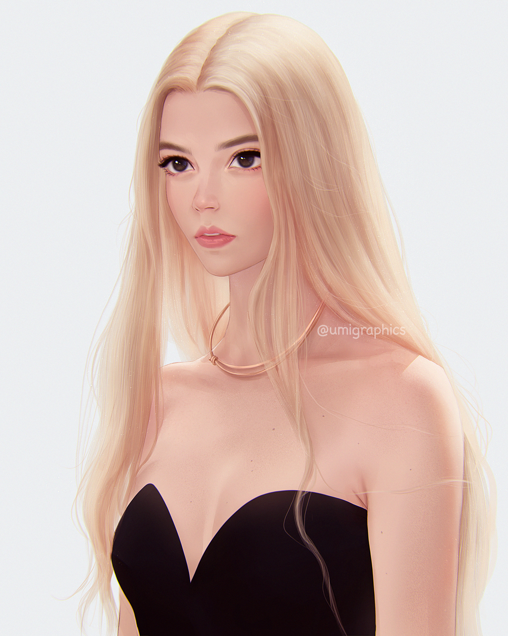 1girl anya_taylor-joy black_dress black_eyes blonde_hair commentary_request dress eyelashes highres jewelry lips long_hair mixed-language_commentary necklace portrait real_life realistic signature teeth umigraphics upper_body very_long_hair