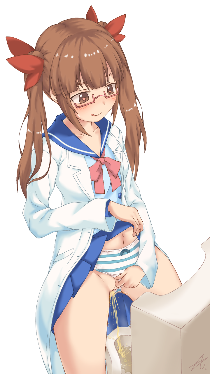 1girl :q azuma_(azumapic) blush bow brown_eyes brown_hair cleft_of_venus clothes_lift clothing_aside glasses hair_ornament hair_ribbon heart heart-shaped_pupils highres idolmaster idolmaster_cinderella_girls ikebukuro_akiha lab_coat lifted_by_self long_hair navel panties panties_aside pee peeing pink-framed_eyewear pussy ribbon school_uniform semi-rimless_eyewear serafuku shirt sidelocks skirt skirt_lift smile solo standing striped striped_panties symbol-shaped_pupils tongue tongue_out twintails uncensored under-rim_eyewear underwear urinal