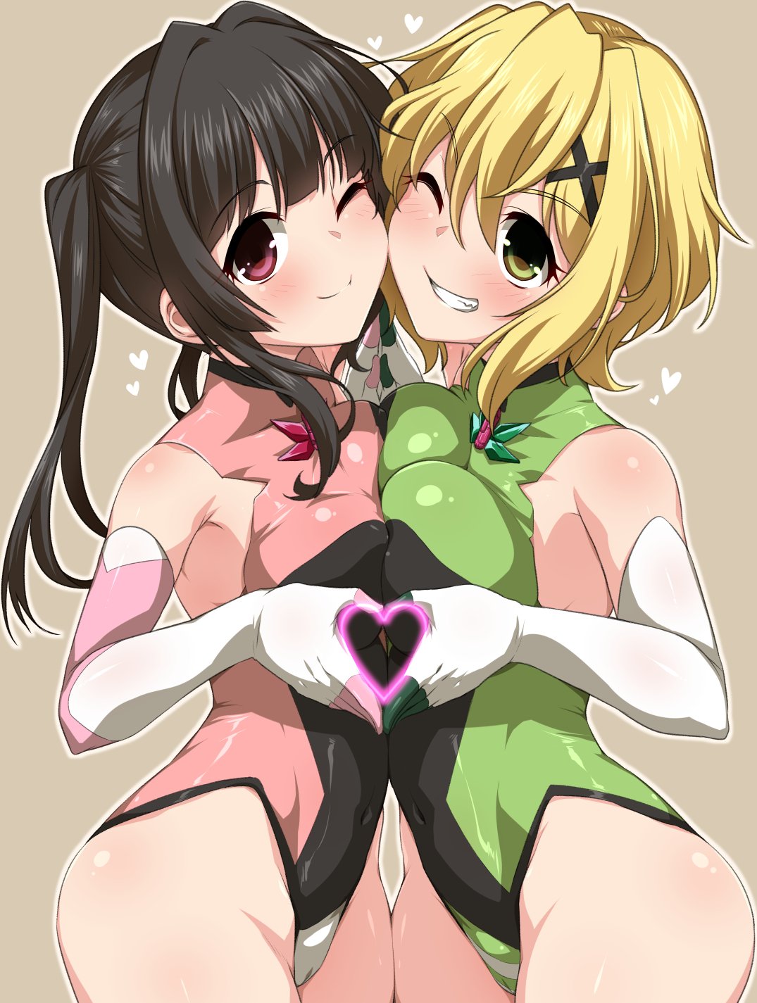 2girls akatsuki_kirika asymmetrical_docking black_hair blonde_hair blunt_bangs breast_press breasts cameltoe covered_navel covered_nipples gloves green_eyes green_leotard hair_ornament heart highres impossible_clothes impossible_leotard large_breasts leotard looking_at_viewer multiple_girls pink_eyes pink_leotard senki_zesshou_symphogear shiny_clothes shiny_skin short_hair skin_tight small_breasts tsukuyomi_shirabe twintails x_hair_ornament yoshi_tama