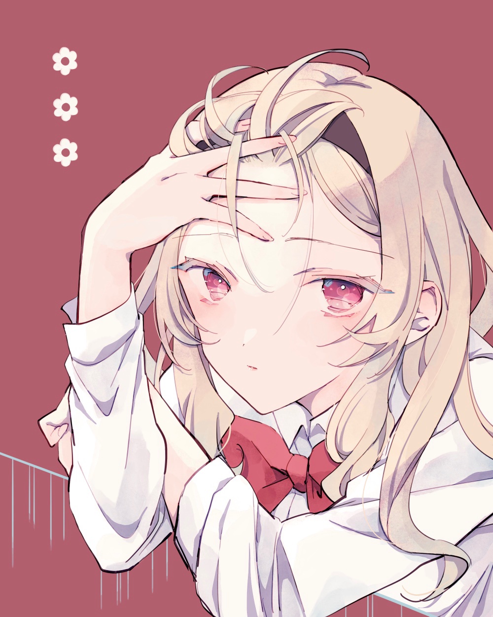 1girl arm_up black_hairband blonde_hair bow bowtie closed_mouth collared_shirt commentary elbows_on_table expressionless fingernails flower_(symbol) forehead hair_between_eyes hairband hand_on_own_arm hand_on_own_forehead hand_on_own_head highres long_hair long_sleeves looking_at_viewer pink_eyes red_background red_bow red_bowtie ruffling_hair saijou_claudine school_uniform seishou_music_academy_uniform shirt shoujo_kageki_revue_starlight sidelocks simple_background solo upper_body wato_(ko) wavy_hair white_shirt