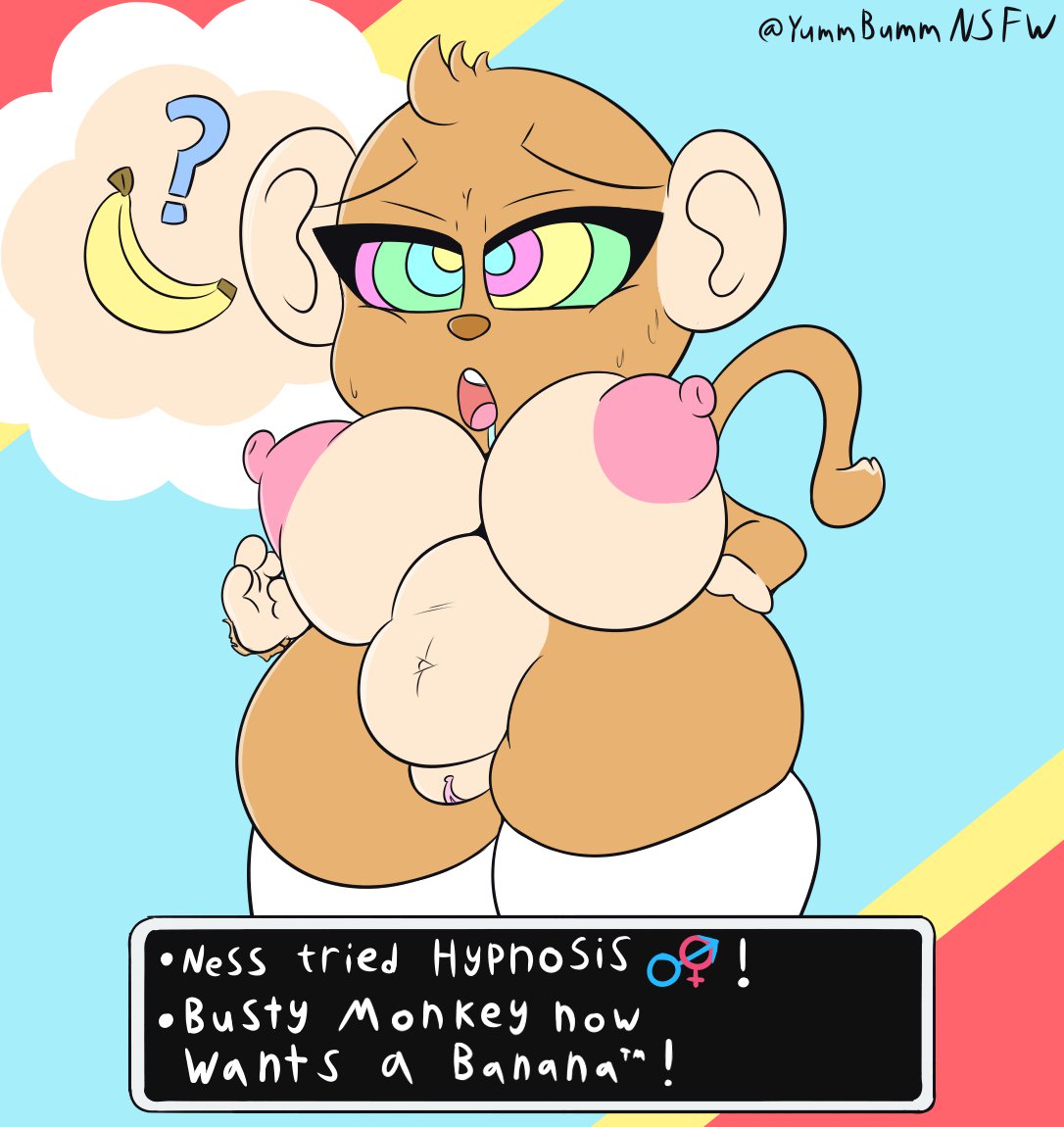 anthro areola banana big_breasts big_ears blue_background bodily_fluids breasts brown_body brown_fur clothing drooling earthbound_(series) female food fruit fur genitals hand_on_hip haplorhine head_tuft huge_breasts hypnosis legwear mammal mind_control monkey navel nintendo nipples nude open_mouth pink_areola pink_nipples plant primate pussy question_mark red_background saliva simple_background skindentation slightly_chubby solo tan_body tan_fur text thick_thighs thigh_highs thought_bubble tuft white_clothing white_legwear white_thigh_highs wide_hips yellow_background yummercummer